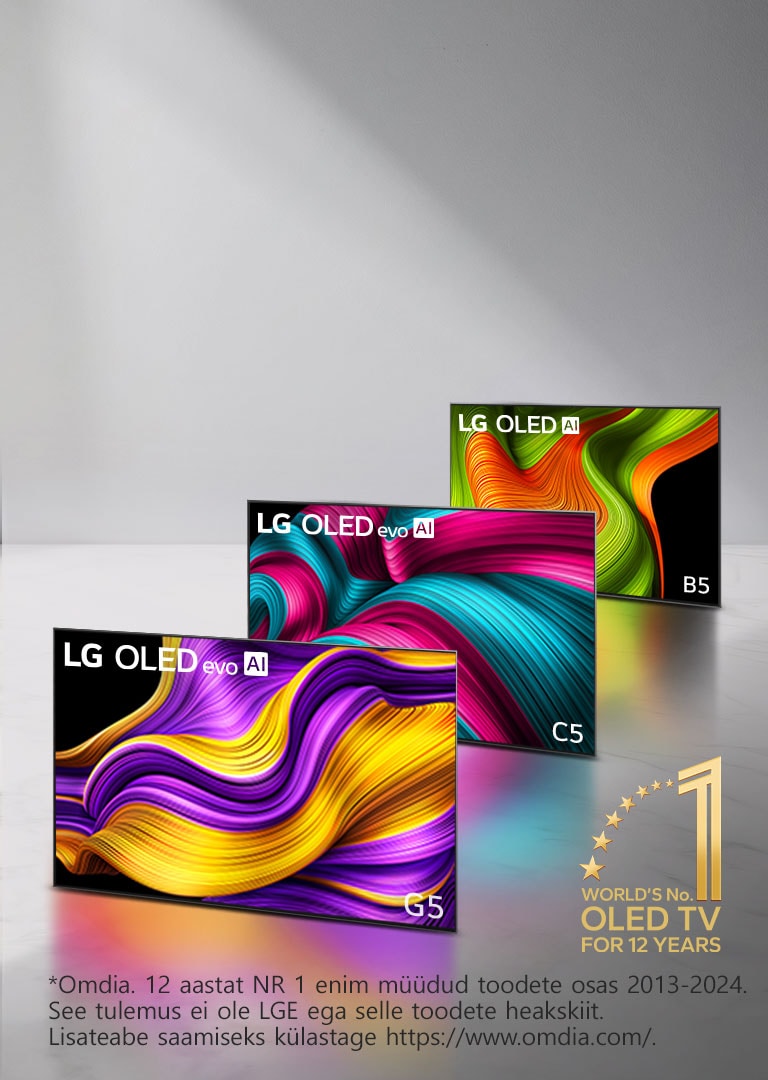 Kolme LG OLED evo AI TV teleri rivistus – C5, G5 ja B5 mudelid. Nurgas on embleem, millel on kirjas ?12 aastat maailma nr. 1 OLED TV teler“. 